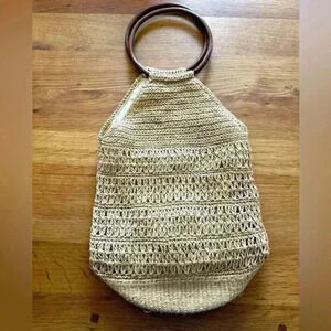 Boho vintage woven lined shoulder bag with wooden shoulder straps